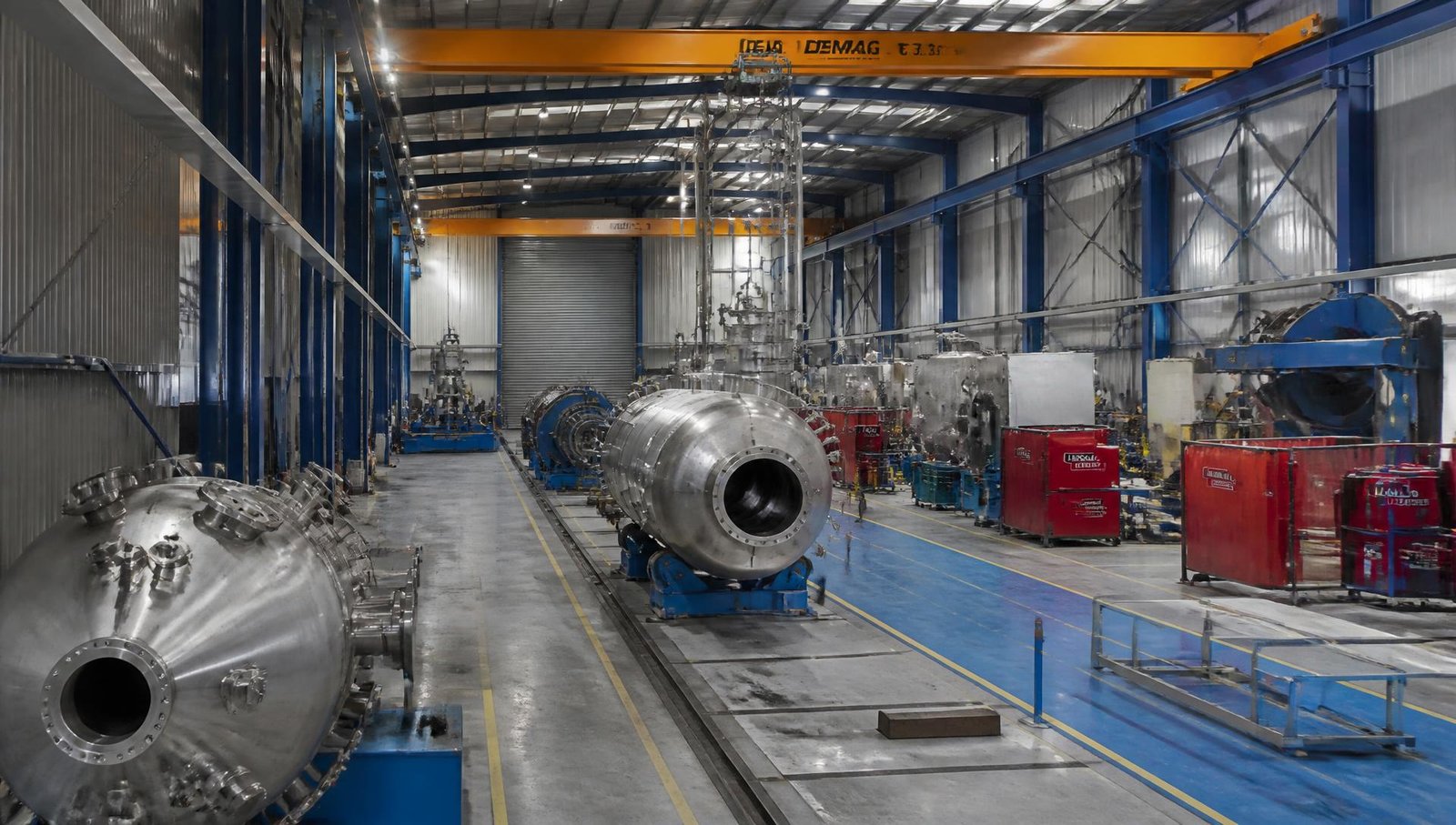 Industrial manufacturing facility with process equipment and storage vessels