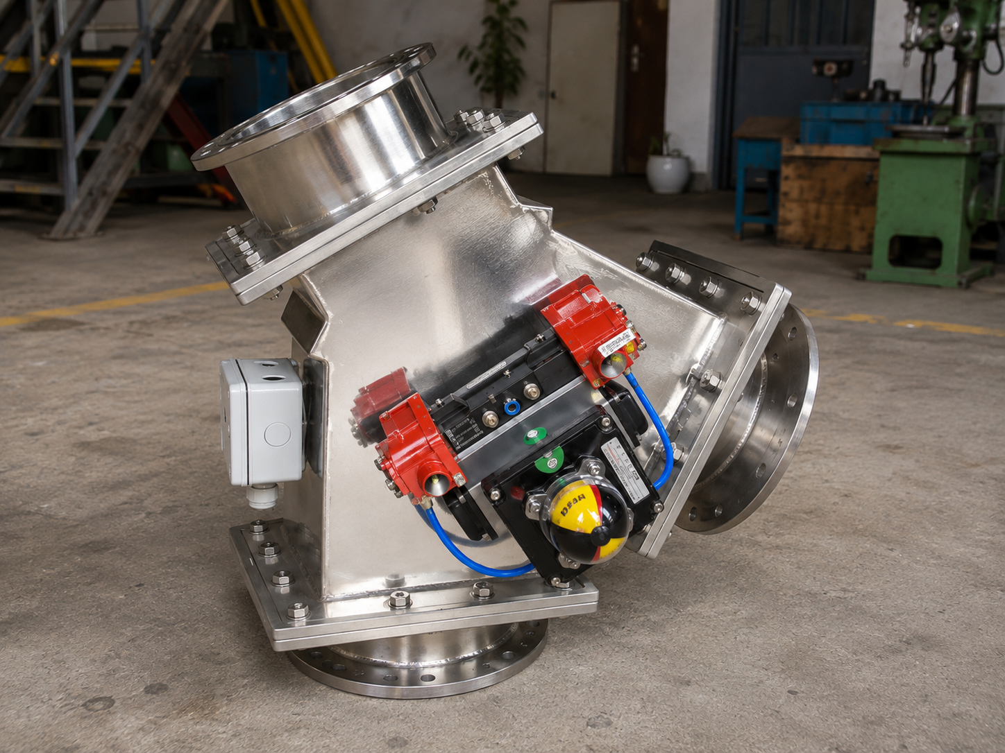 Stainless steel flap type gravity diverter valve with pneumatic actuator