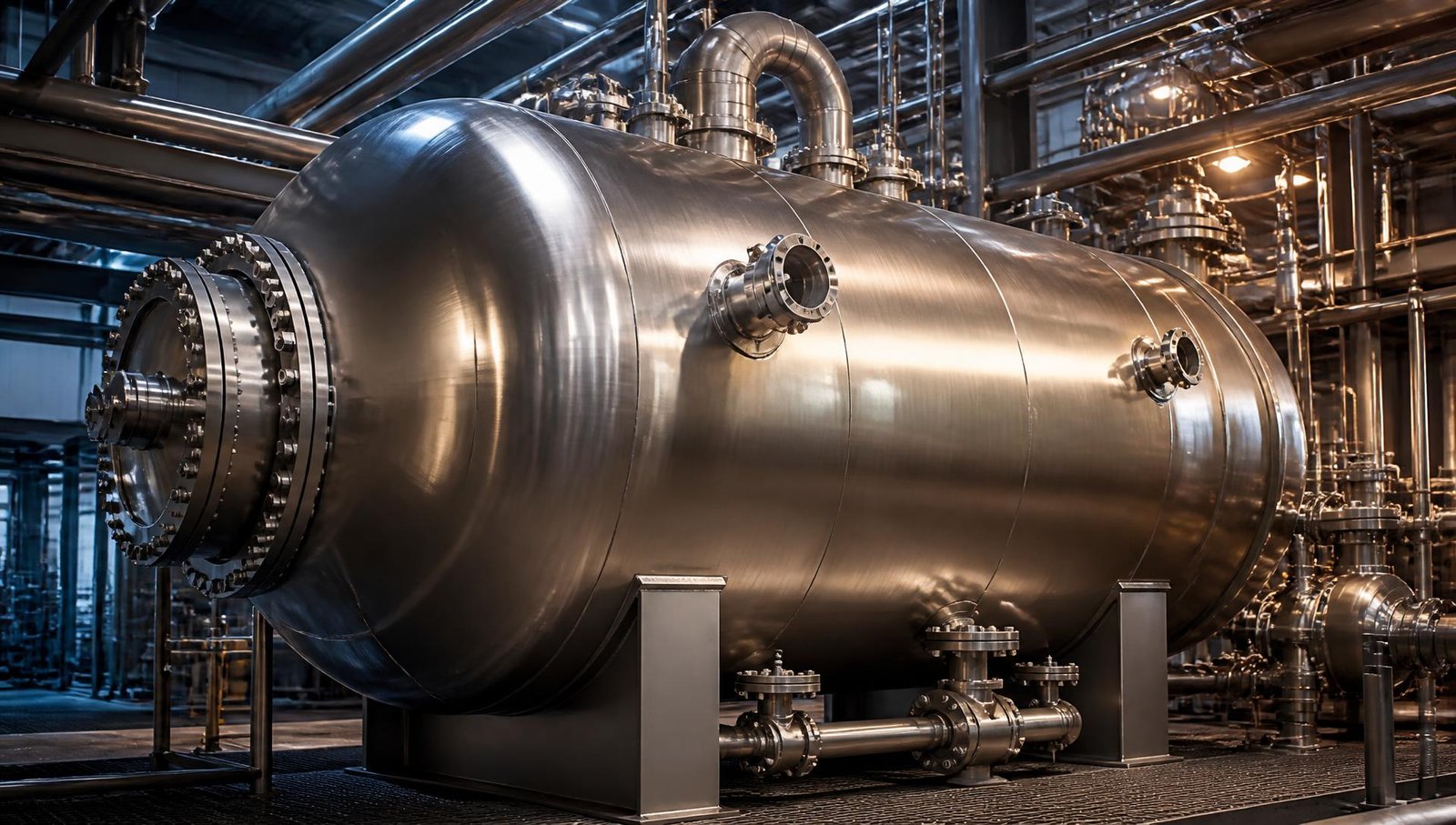 Large stainless steel industrial pressure vessel installed in a chemical process plant
