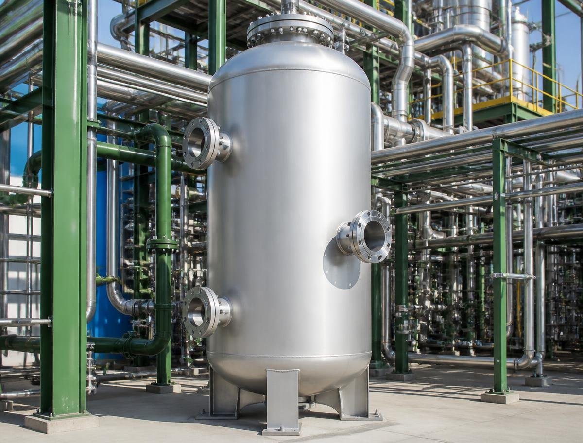 Vertical stainless steel pressure vessel with flanged nozzles in a process plant