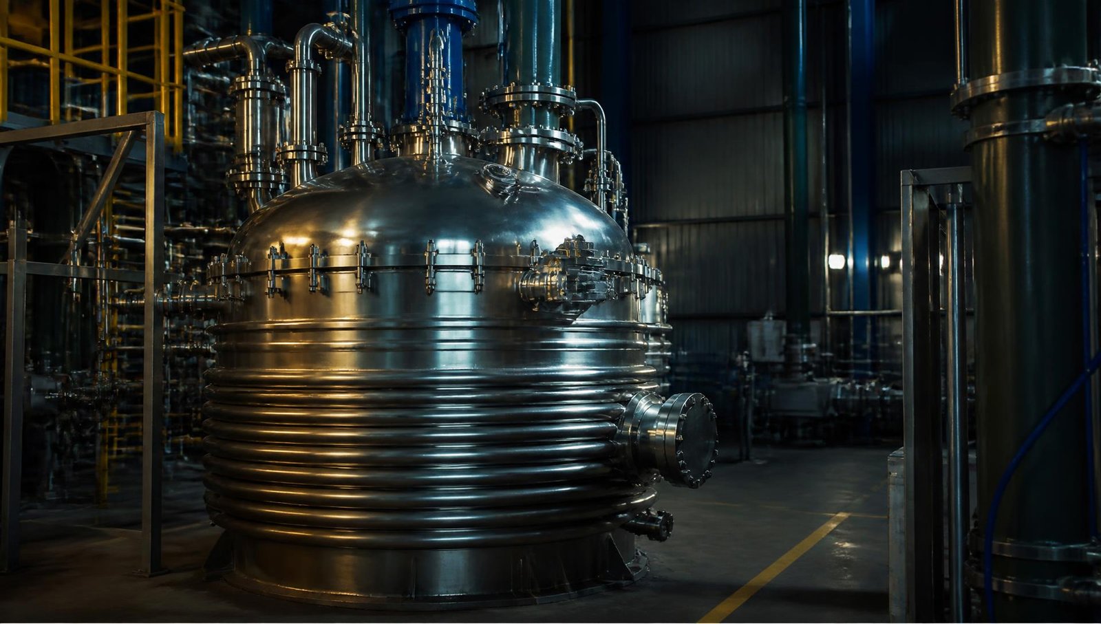 Stainless steel jacketed limpet coil industrial reactor installed in a process plant