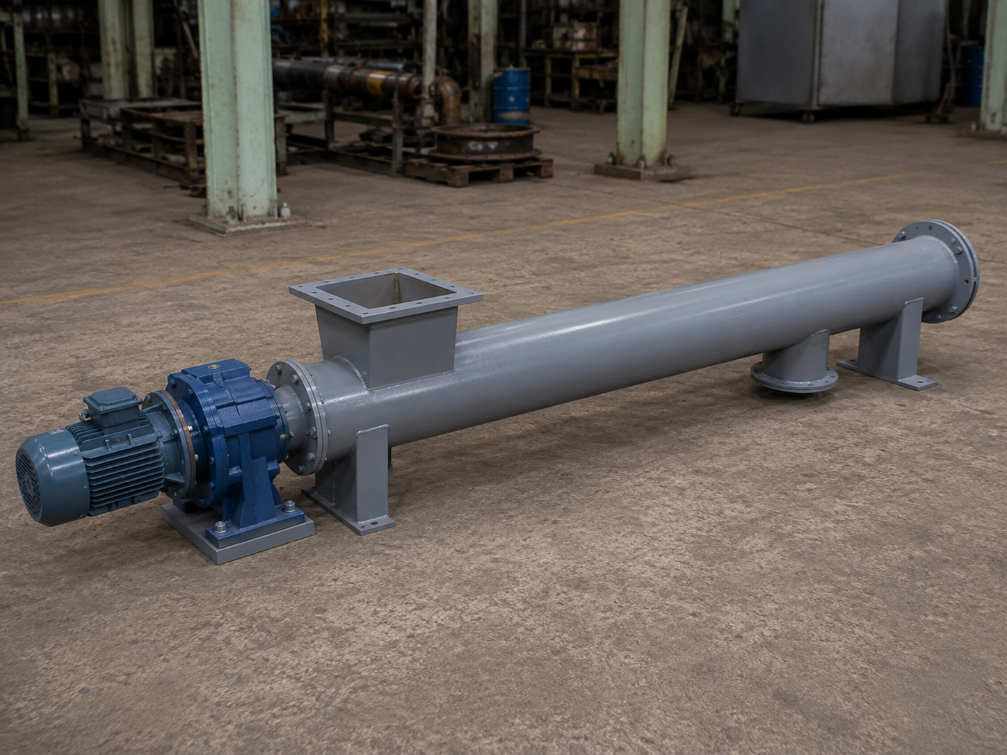 Stainless steel screw conveyor trough with helical flight and geared motor drive