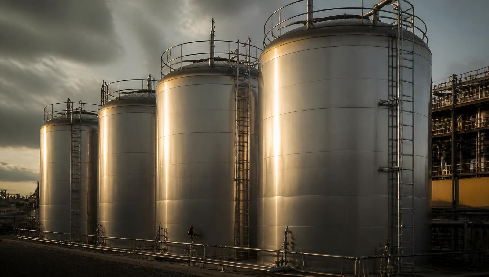 Row of large vertical stainless steel industrial bulk storage tanks at a process plant