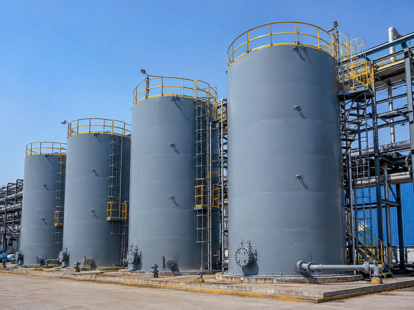 Polished vertical stainless steel liquid storage tank with manhole in a clean process plant