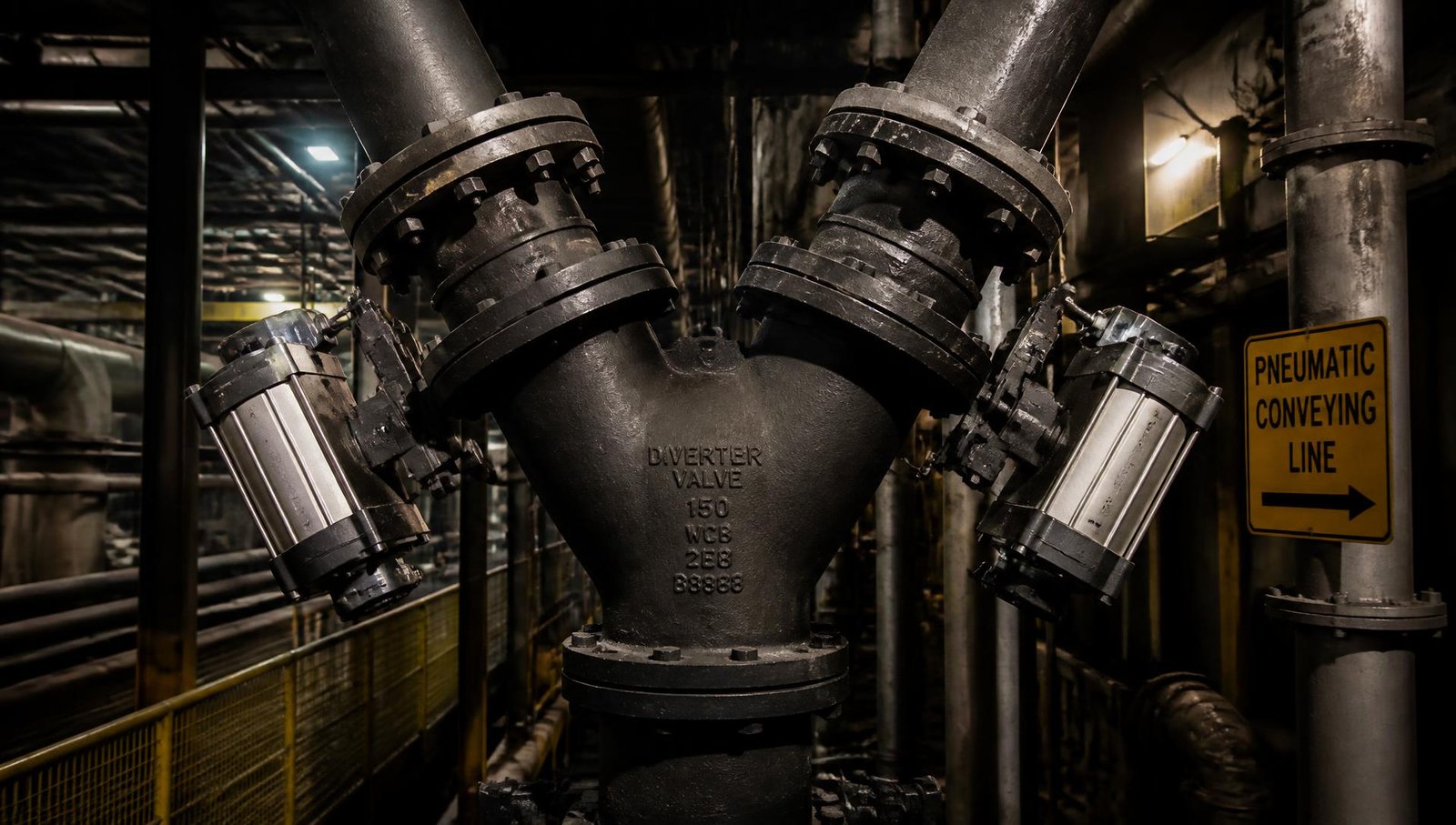 Wear-resistant Y-type diverter valve installed in a pneumatic conveying pipeline