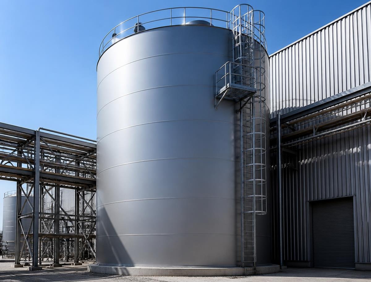 Welded steel bulk storage silo with access ladder and platform at an industrial plant